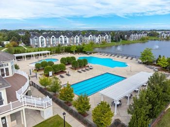 An aerial view of the resort style pool and hot tub